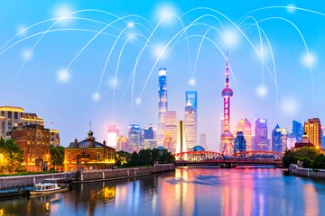 Poster Modern city with wireless network connection concept in Shanghai © ABCDstock