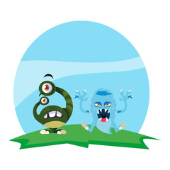 funny monsters couple in the field characters colorful