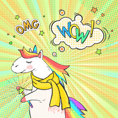 Pop art poster with cartoon unicorn, sticker OMG and speech bubble with text WOW!