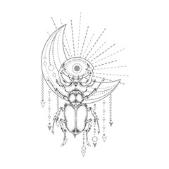 Vector illustration with hand drawn stag beetle and Sacred geometric symbol on white background. Abstract mystic sign. Black linear shape. For you design, tattoo or magic craft.