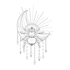 Vector illustration with hand drawn spider and Sacred geometric symbol on white background. Abstract mystic sign. Black linear shape. For you design, tattoo or magic craft.
