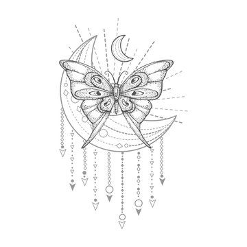Vector illustration with hand drawn butterfly and Sacred geometric symbol on white background. Abstract mystic sign. Black linear shape. For you design, tattoo or magic craft.