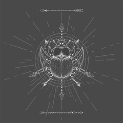 Fototapeta premium Vector illustration with hand drawn Scarab and Sacred geometric symbol on black background. Abstract mystic sign. White linear shape. For you design, tattoo or magic craft.