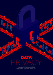 Data privacy concept, man pictogram transfer data to isometric lock keyhole door and barrier illustration poster and banner design isolated on blue background, with copy space