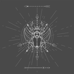 Vector illustration with hand drawn Stag Beetle and Sacred symbol on black background. Abstract mystic sign. White linear shape. For you design, tattoo or magic craft.