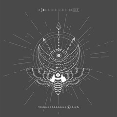Vector illustration with hand drawn butterfly Dead head and Sacred symbol on black background. Abstract mystic sign. White linear shape. For you design, tattoo or magic craft.