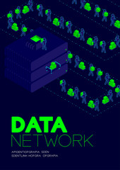 Data network concept, man pictogram transfer data to isometric Storage hard disk illustration poster and banner design isolated on blue background, with copy space