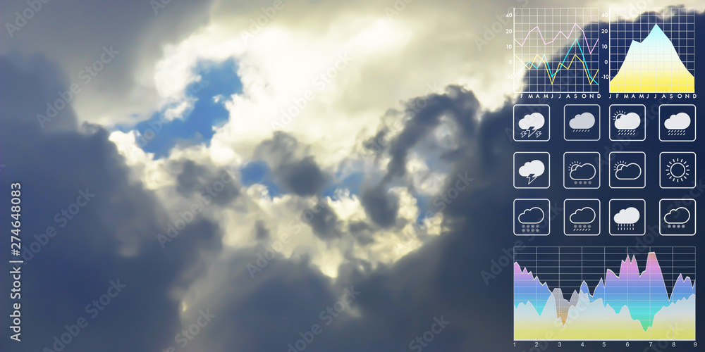 Wall mural weather forecast symbol data presentation with graph and chart on tropical storm background.dramatic