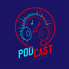 Headphone logo icon outline stroke with music note in cable circle frame dash line, Podcast internet radio program online concept illustration isolated on blue background with PODCAST text, vector