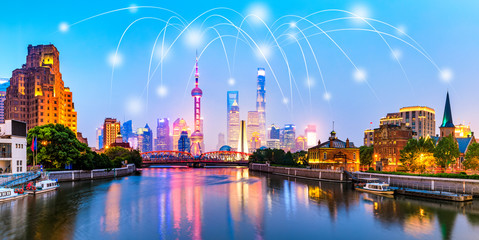 Modern city with wireless network connection concept in Shanghai