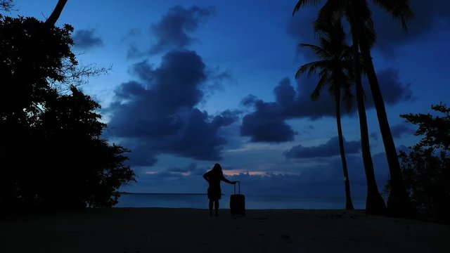 Trucking shot of female tourist with luggage on the sandy beach with palm trees waiting for sunrise, night sky and silhouettes