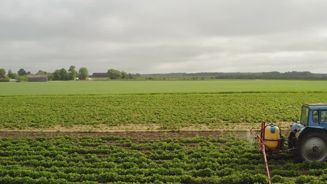 Aerial circular shot following a tractor spraying strawberry field against disease