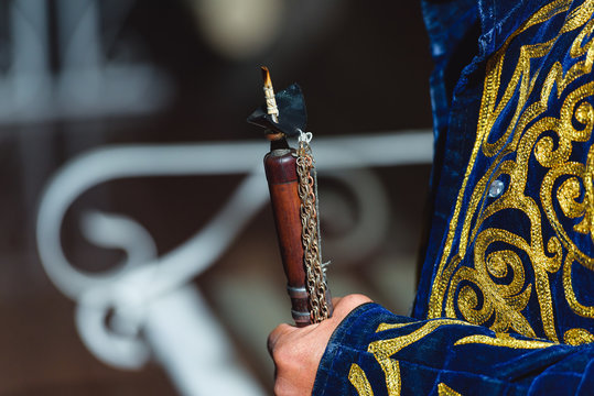 Surnay at the Uzbek wedding. Long wooden musical tube. National Uzbek wind instrument Surnay.