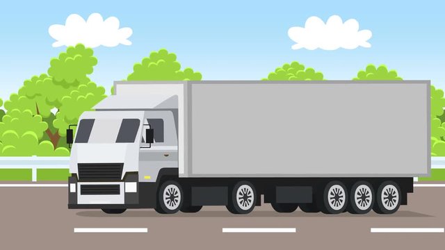 Cartoon white truck car flat animation driving along the road highway