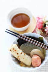 Japanese food, radish Oden on white background