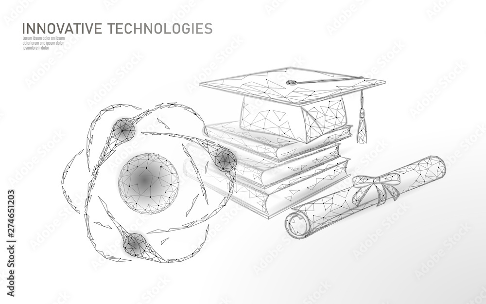 Poster e-learning distance graduate via smartphone. certificate program concept. low poly 3d render graduat