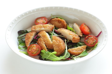 Asian food, fish cake and baby leaf salad