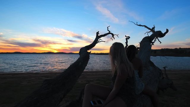 Dolly shot girls sitting on fallen trees,at the beach, watching the sunset, at lake Huma, on a sunny evening, at Hume Reservoir, at New South Wales and Victoria, in Australia