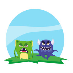 funny monsters couple in the field characters colorful