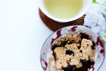 Japanese confectionery, soy bean powder mochi and green tea