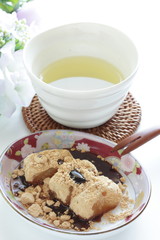 Japanese confectionery, soy bean powder mochi and green tea