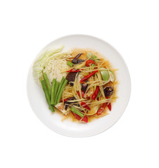 Spicy crab papaya salad, Sea crab Somtum Salad, Thai food on White background