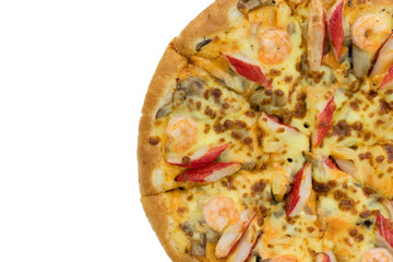 Seafood pizza on white background.