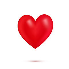 Red 3d realistic heart isolated on white background. Simbol of love, sign. Flying icon of heart with shadow. Decorative element for greeting card, poster, print. Vector illustration.