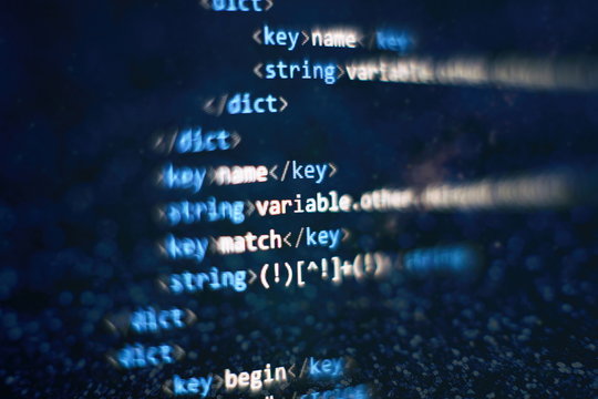 Abstract computer script code. Programming code screen of software developer. Software Programming Work Time. Code text written and created entirely by myself.