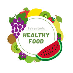 Healthy food. Fruits sketch menu. Round Frame. Color circle. Fresh apple, grapes, lemon, watermelon, strawberry, kiwi and pear. Design template. Organic vegan market. Hand drawn vector ingredients