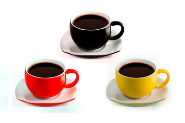 Cups with saucer filled with black coffee liquid Isolated white background