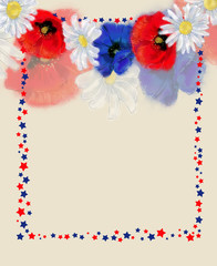 Independence Day Tricolor Wild Flower Wreath and Star Frame. Floral Illustration for Print, Announcement, Banner, Advertisement, Invitation, Flyer, etc.