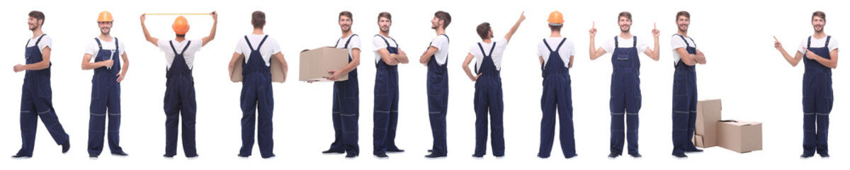 panoramic collage of male handyman isolated on white