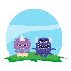 funny monsters couple in the field characters colorful