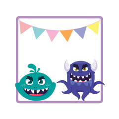 square frame with funny monsters and garlands hanging