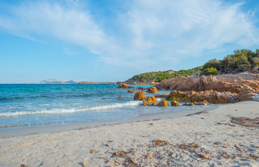 Fototapeta premium Rocky coast of the island of Sardinia in the Mediterranean Sea in sunlight in spring