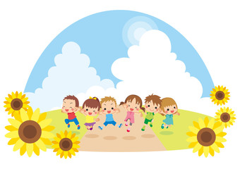 Obraz na płótnie Canvas 夏の日の青空の下でジャンプする元気な子供たち