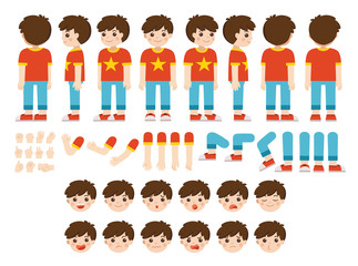 Mascot creation kit of little boy for different poses . Vector constructor with various views, emotions, poses and gestures. Schoolboy character creation set.