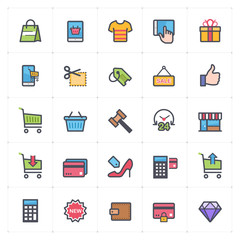 Icon set - shopping and commerce full color outline stroke vector illustration on white background