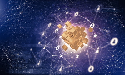 Concept of Internet and networking with digital cube figure on dark background