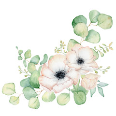Anemone flowers and eucalyptus leaves watercolor bouquet illustration