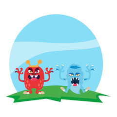 funny monsters couple in the field characters colorful