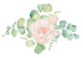 Pink roses flowers and eucalyptus leaves watercolor bouquet illustration