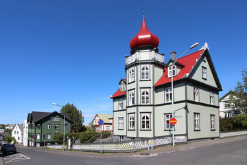  House with red onion dome in Reykjavik, Iceland (Lake Tjornin district)