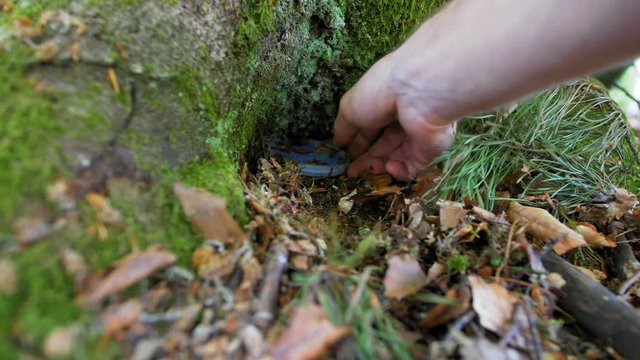 Playing Treasure Hunt Game Hiding and Finding Geocache Container in Forest POV