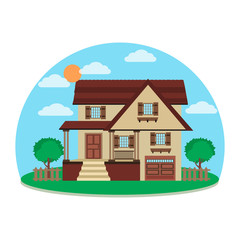 House. Modern building for rent or sale. Flat vector design urban landscape background with cozy home, cottage, trees.