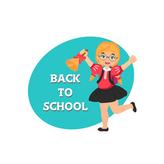 Cute girl in blue school uniform. Back to school. Vector illustration for banner, invitation,  decor, interior design.