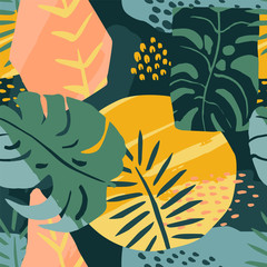 Abstract creative seamless pattern with tropical plants and artistic background.