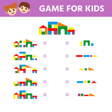 Educational game for children. Visual puzzl. Match the pictures of toy towers to their blocks. Game tasks for attention. Kids activity sheet