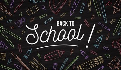 Back to School ! Colorful banner with office supplies.